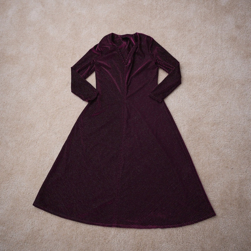Maison Tara Plum Purple Metallic Ribbed V-Neck Maxi Dress Long Sleeve Size 10